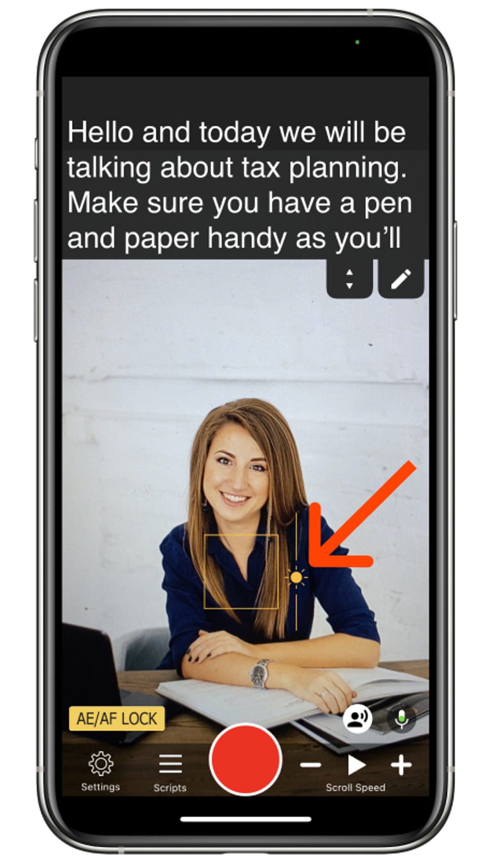 Setting the exposure and brightness in the teleprompter app
