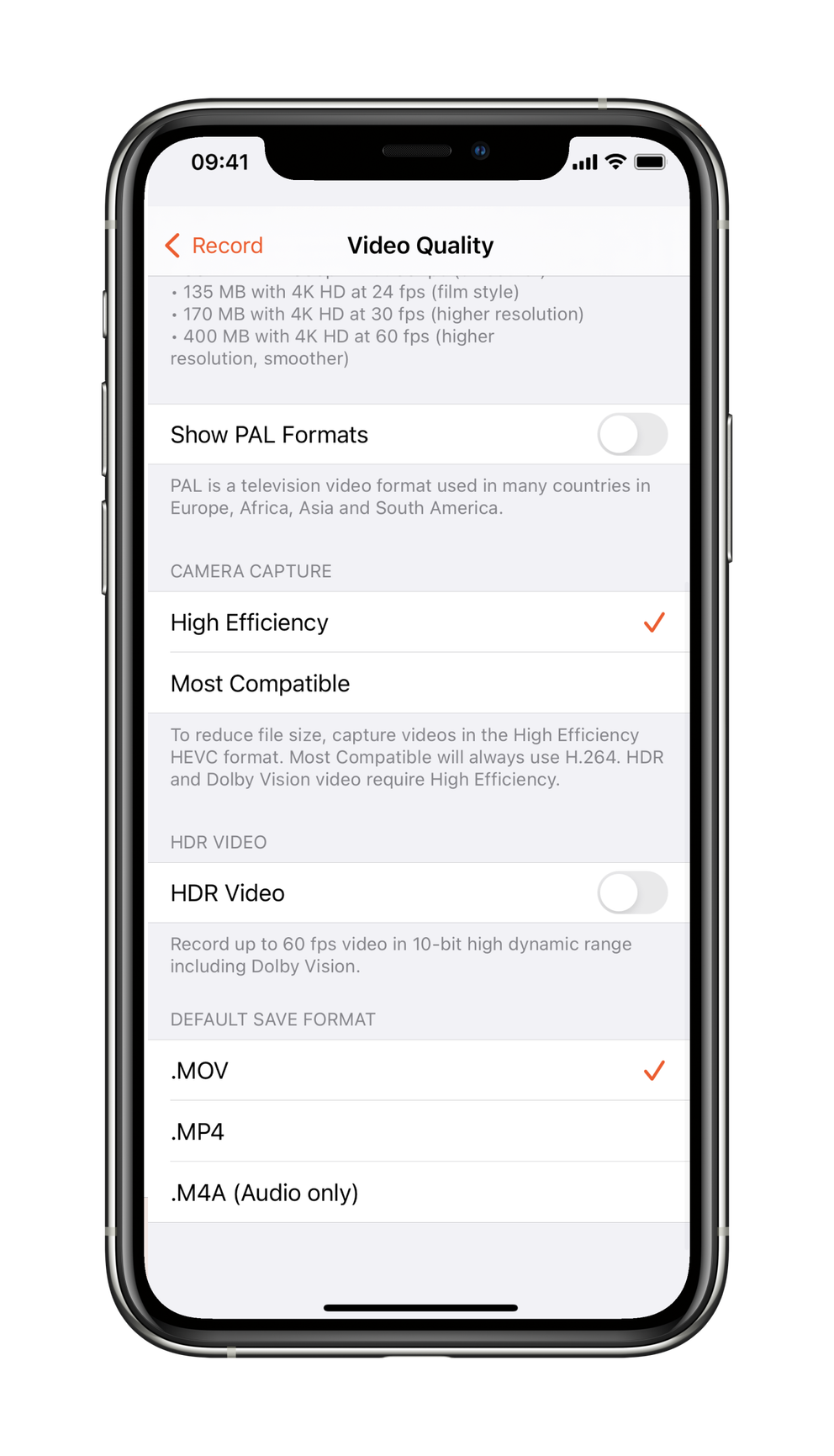 Video quality options ios hrd mov mp4