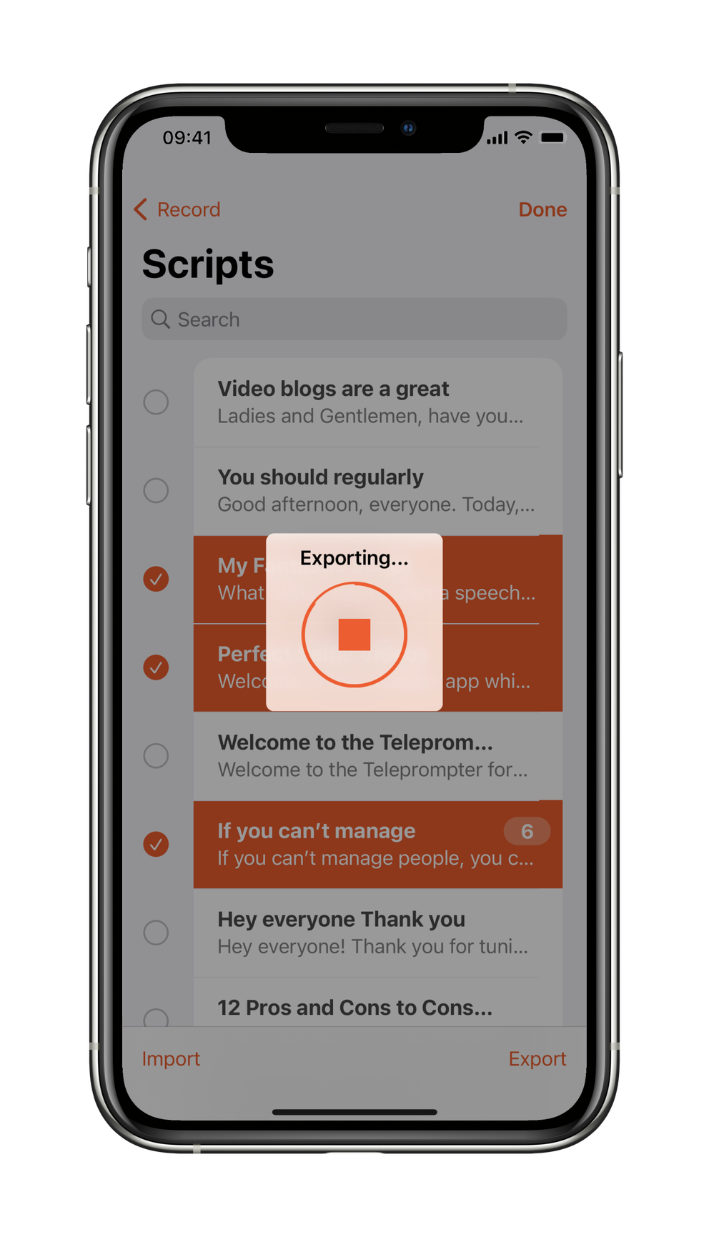 Exporting scripts and video recordings