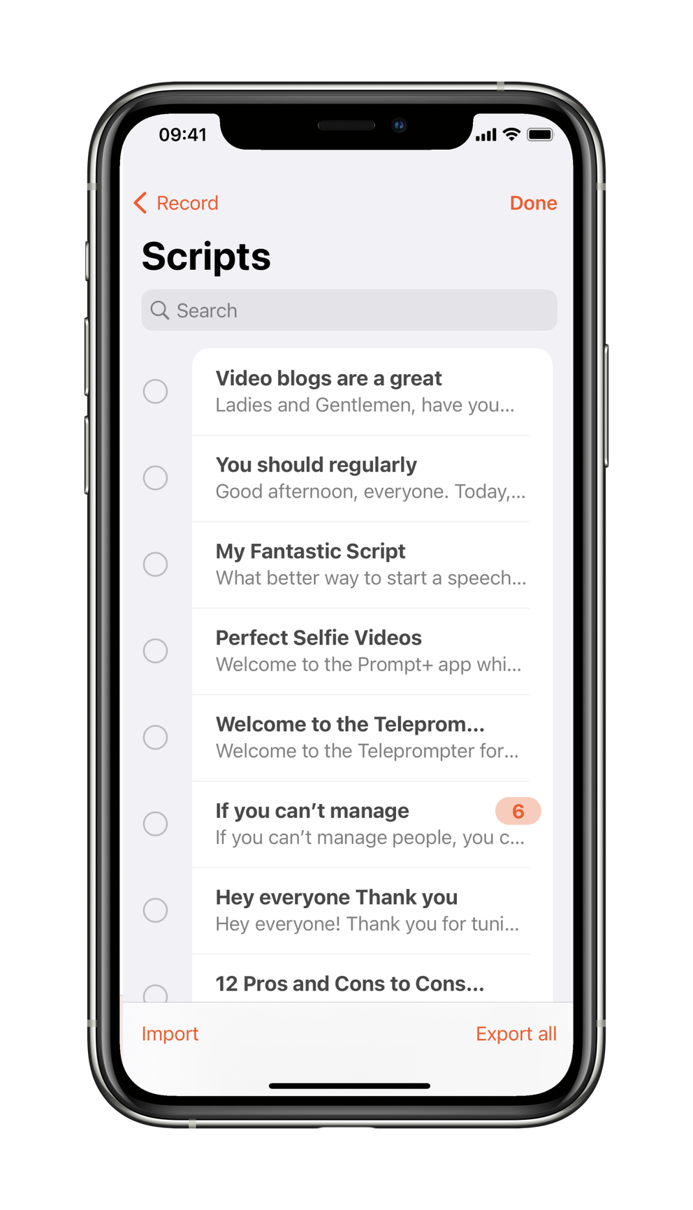 Select scripts for exporting or import