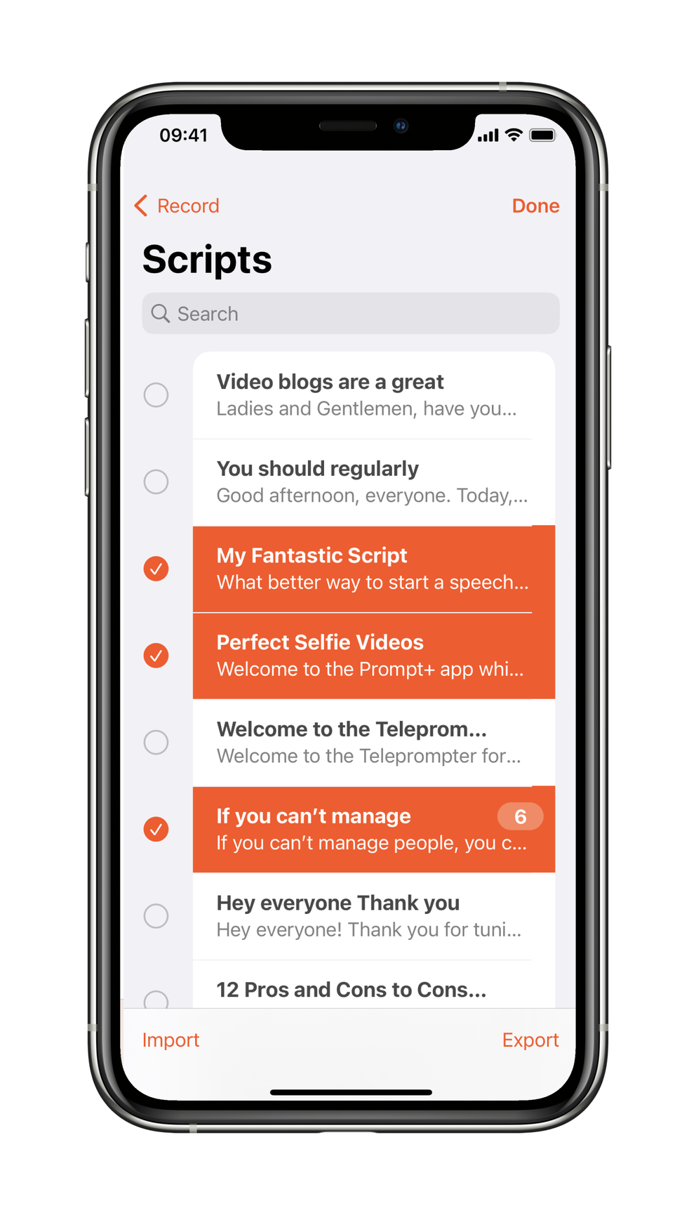 Selecting scripts for exporting